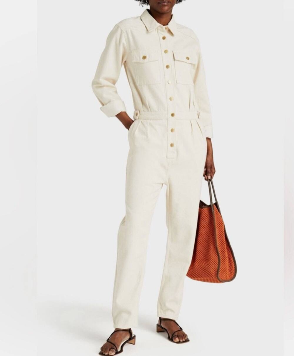 Triarchy Beige Jumpsuit Cotton Denim Pleated Collared Button-Up S Small NWOT